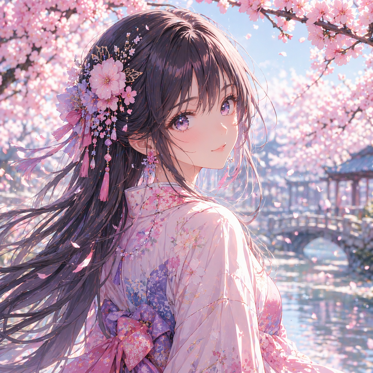 Аниме персонаж, сакура, пастельные тона