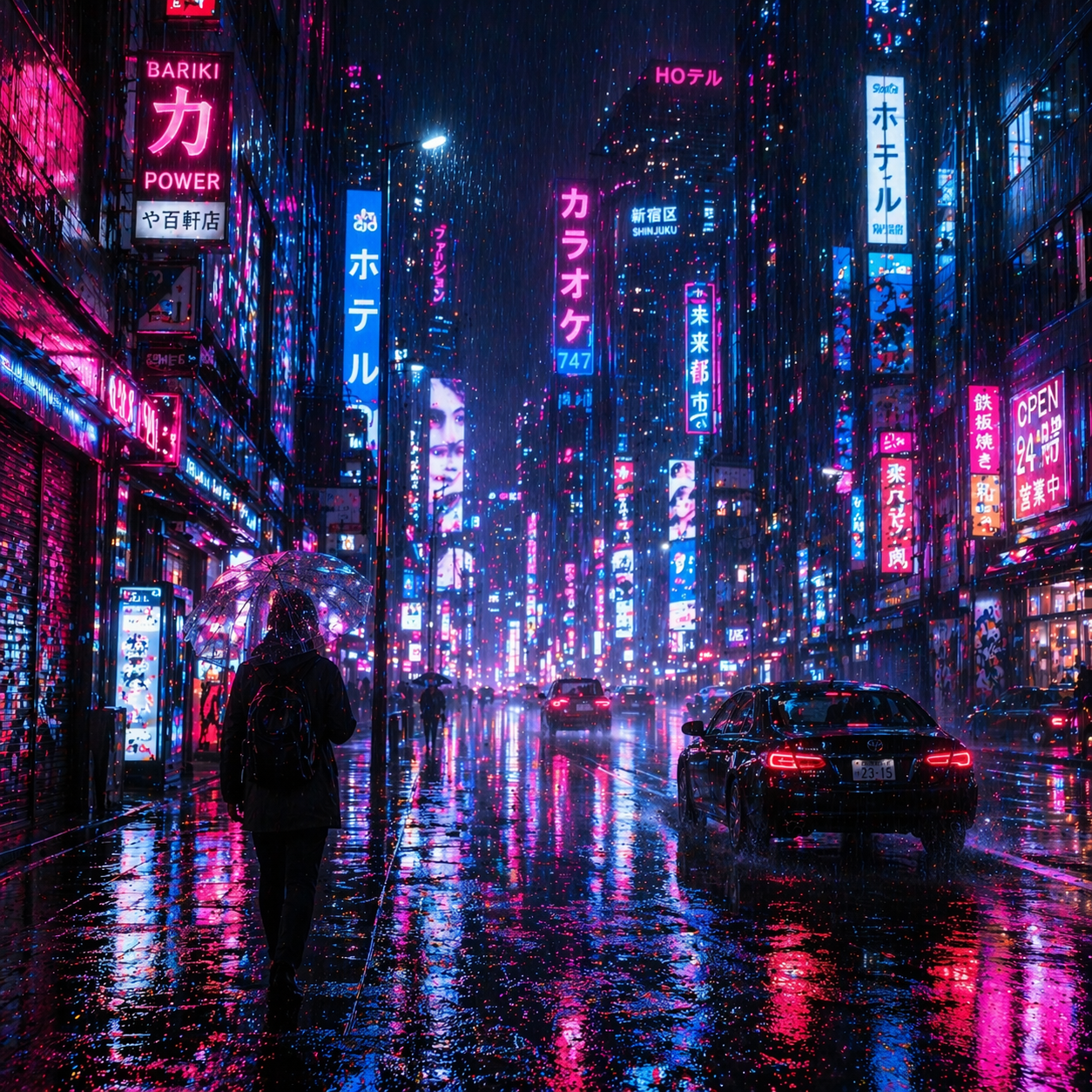 Киберпанк город, неоновые вывески, отражения дождя