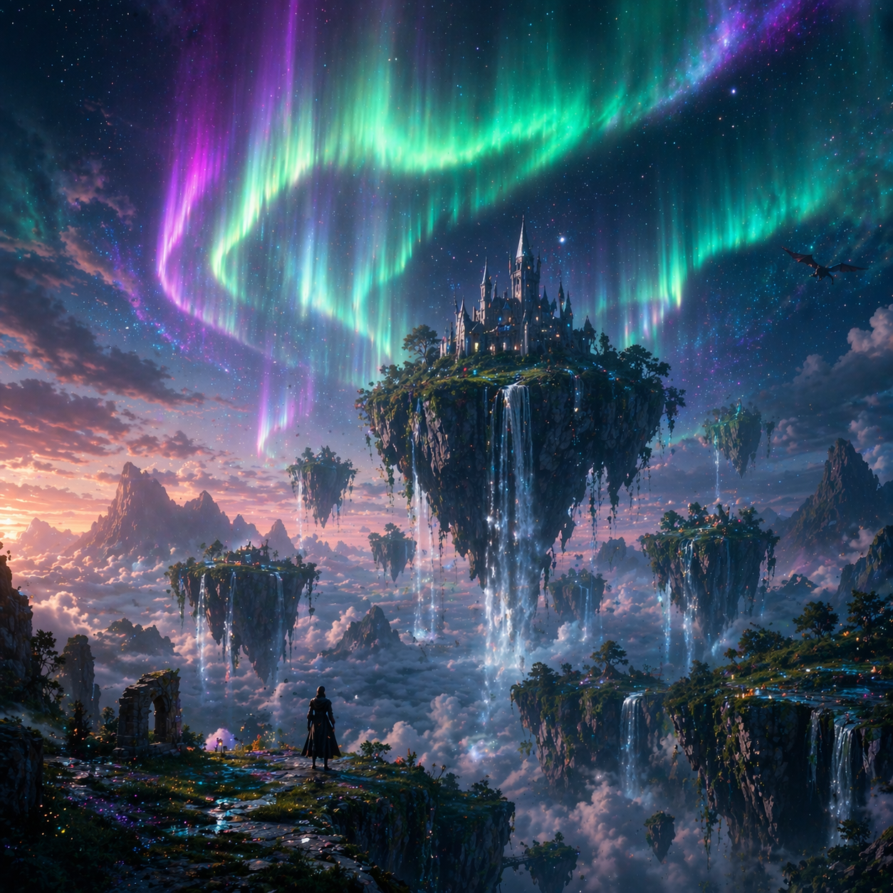 Фэнтези пейзаж, парящие острова, северное сияние