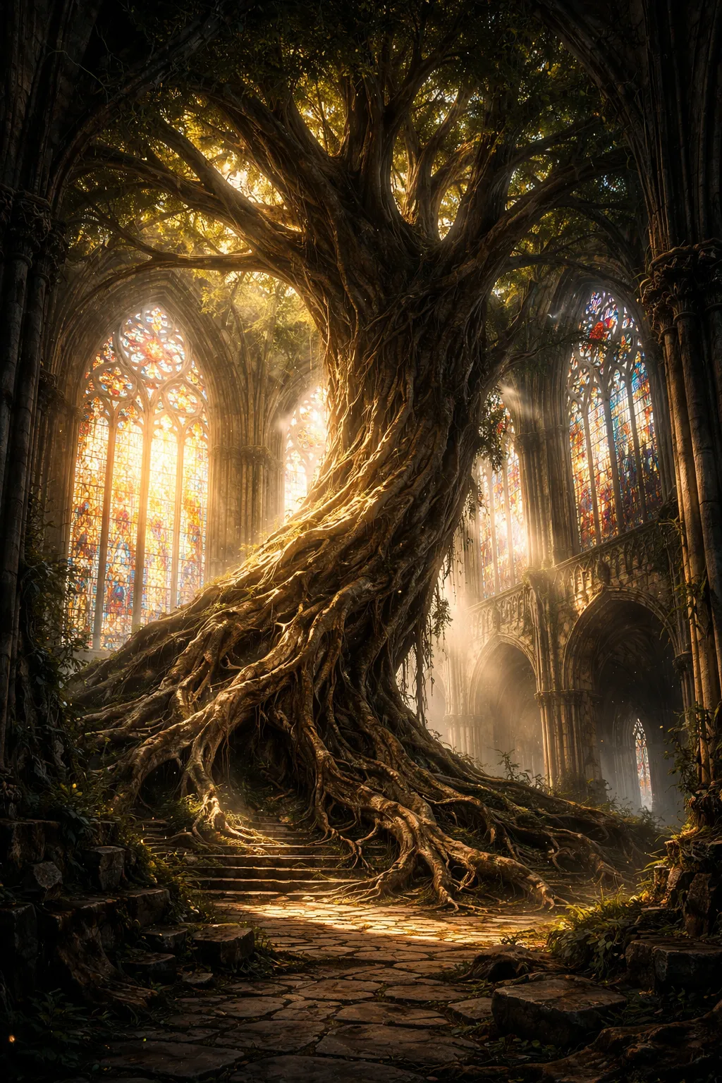 Ancient tree in cathedral — Grok Imagine