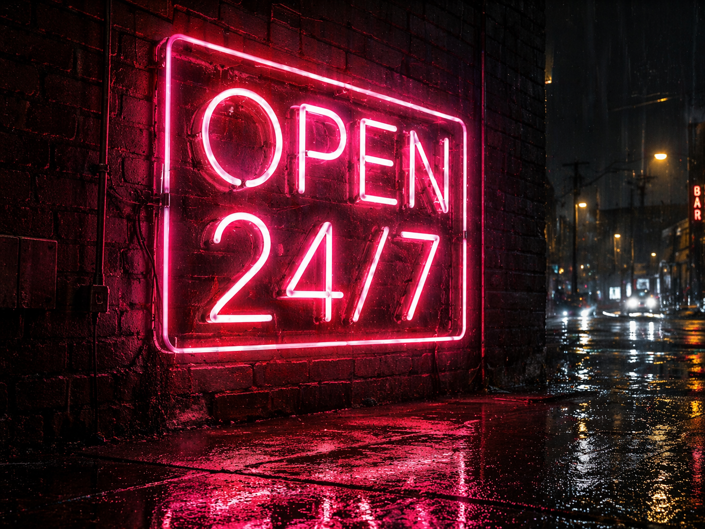 OPEN 24/7 neon sign on brick wall generated by Ideogram AI