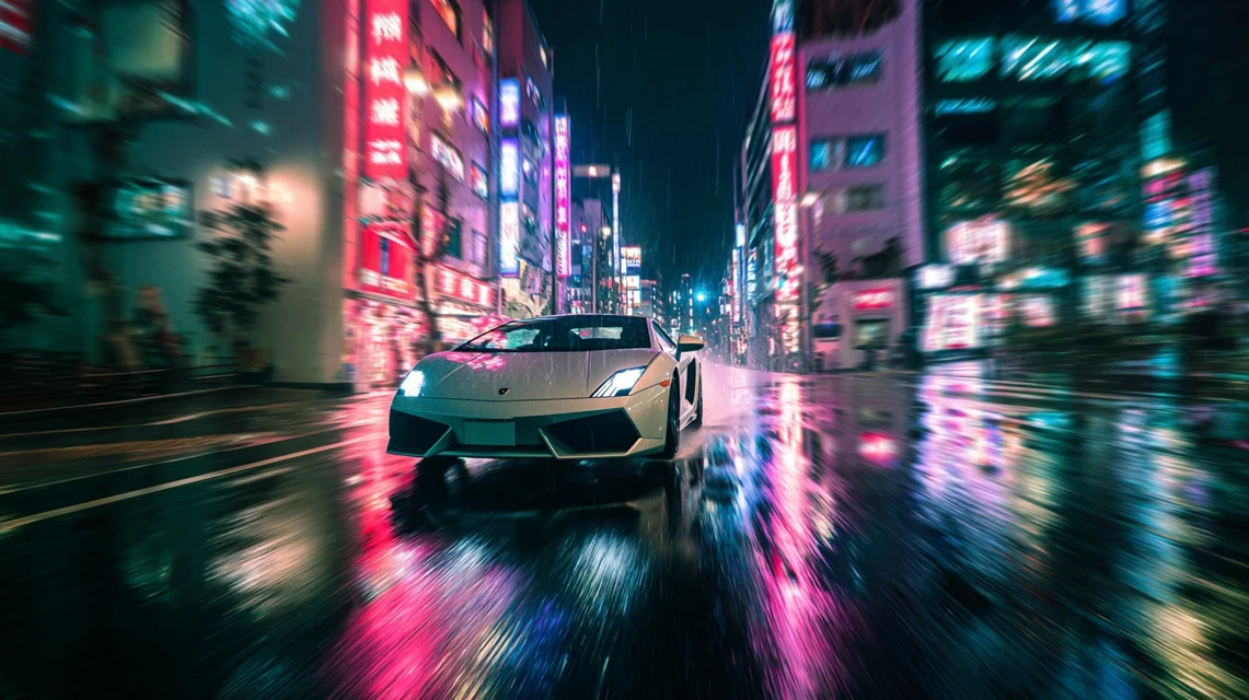 Sports car on neon Tokyo streets — Midjourney