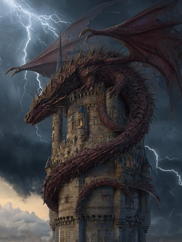 Dragon on a castle tower — Midjourney