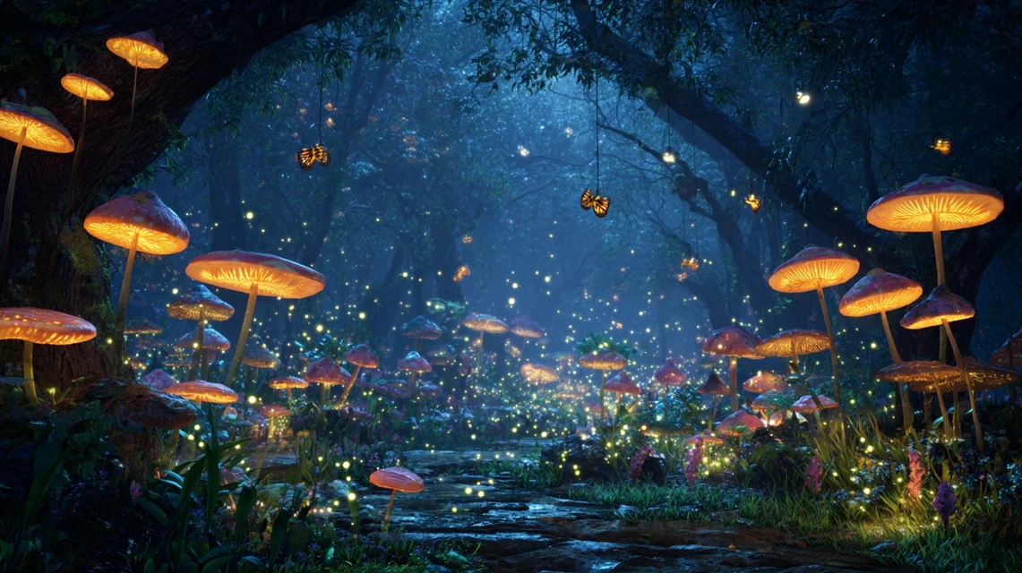 Night forest with magical light — Midjourney