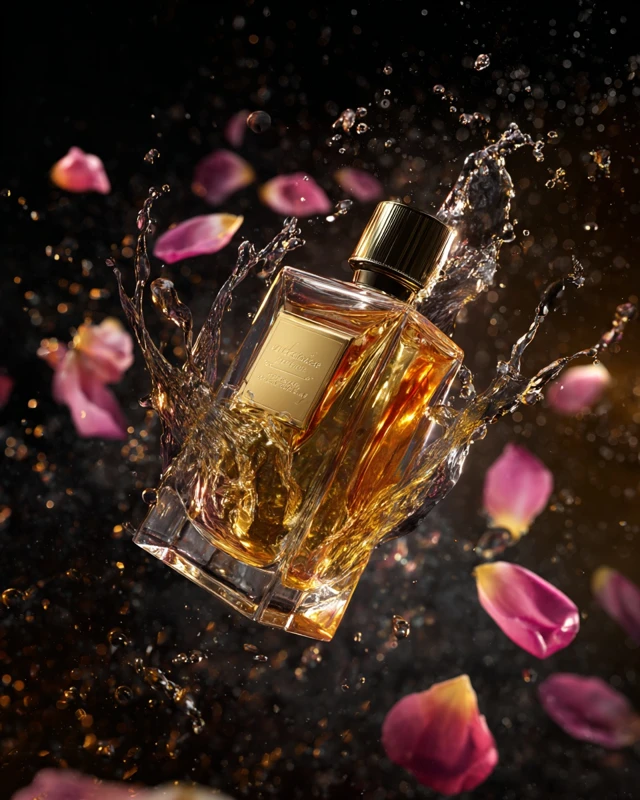 Perfume bottle with rose petals — Midjourney