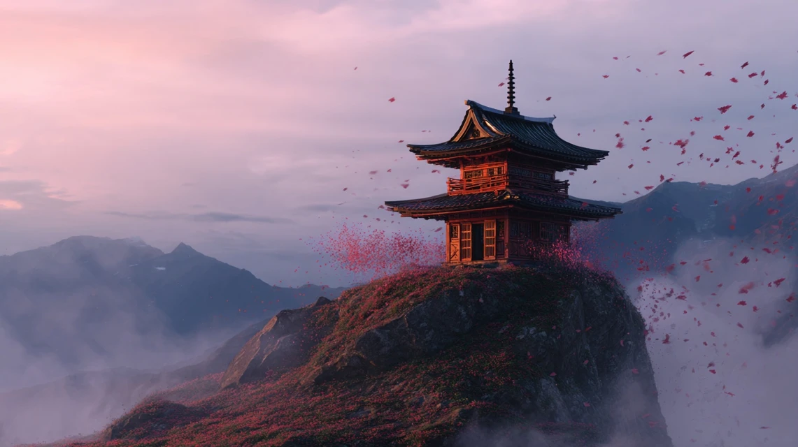 Japanese temple in the mist — Midjourney