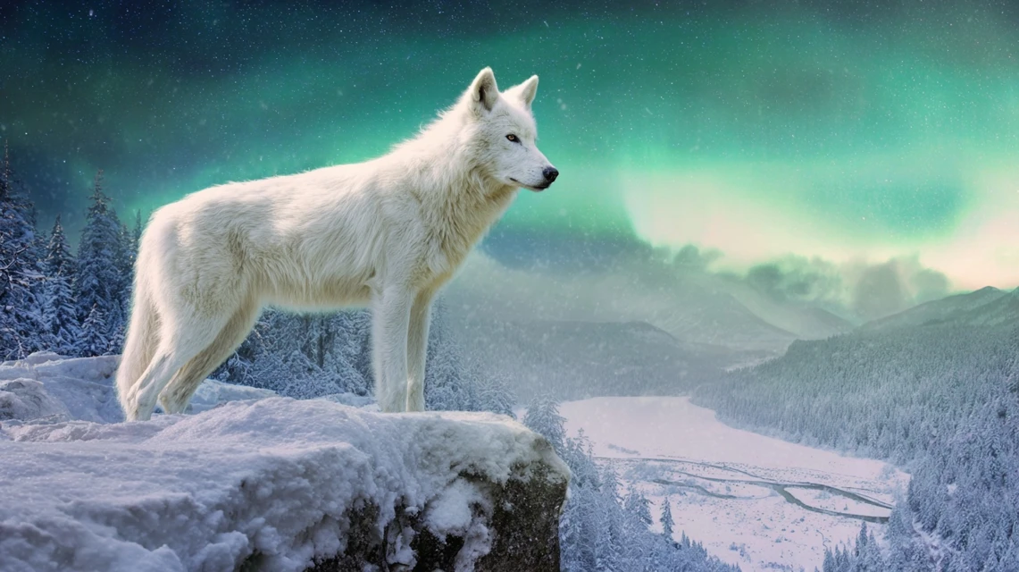 White wolf on a cliff with northern lights — Midjourney