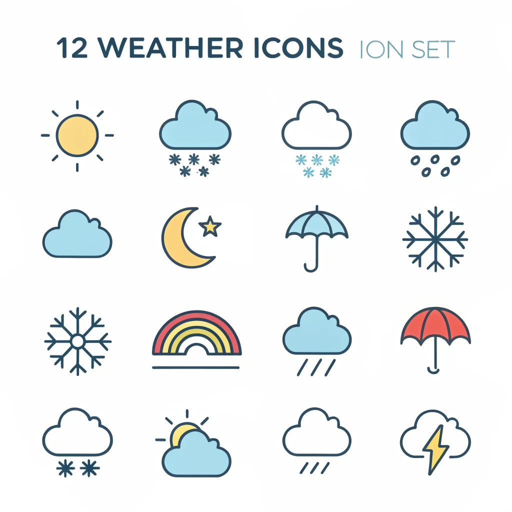 Flat vector icon set: weather, consistent stroke