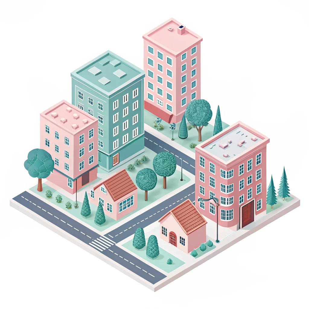 Isometric city block with buildings, vector