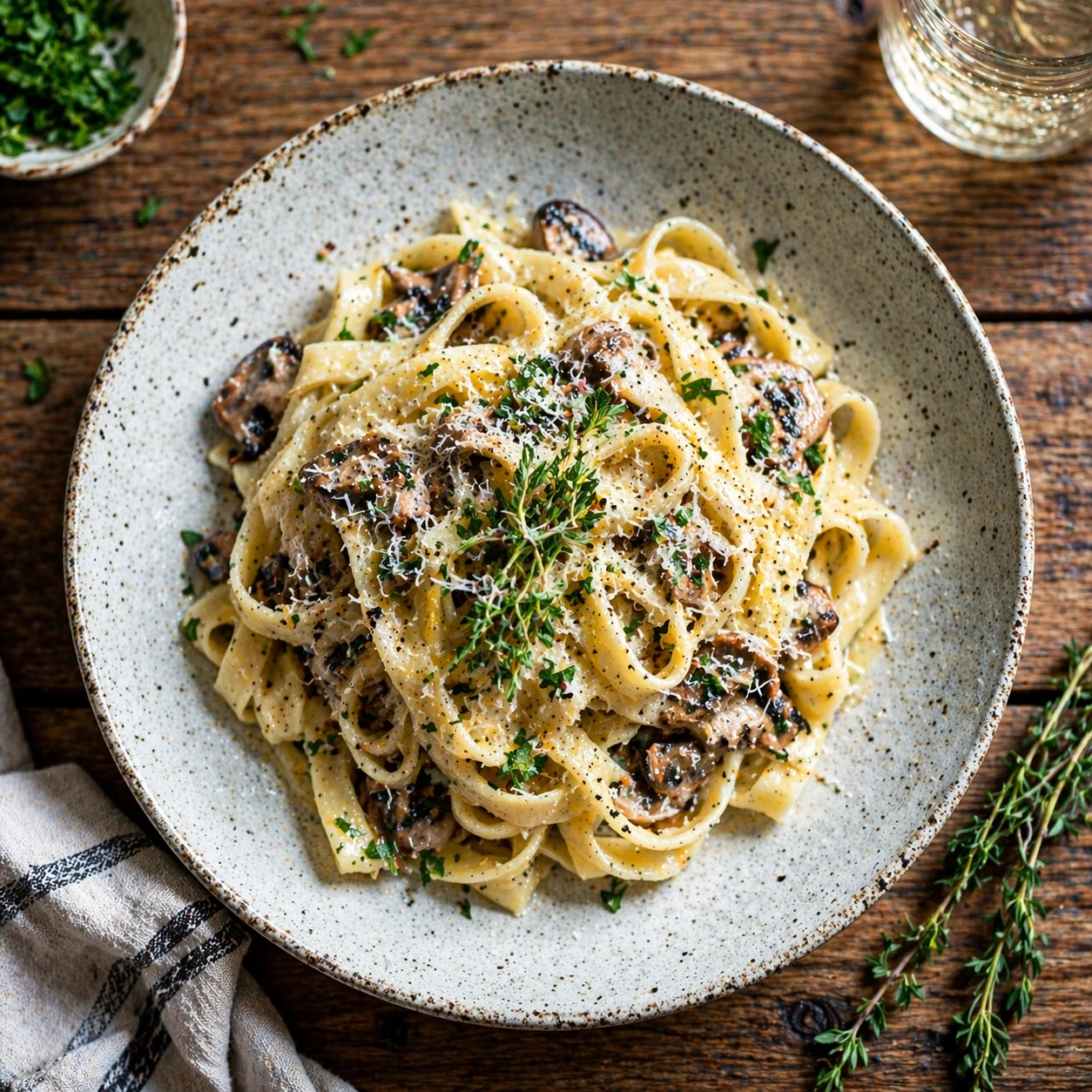 Gourmet pasta dish, overhead shot, natural light
