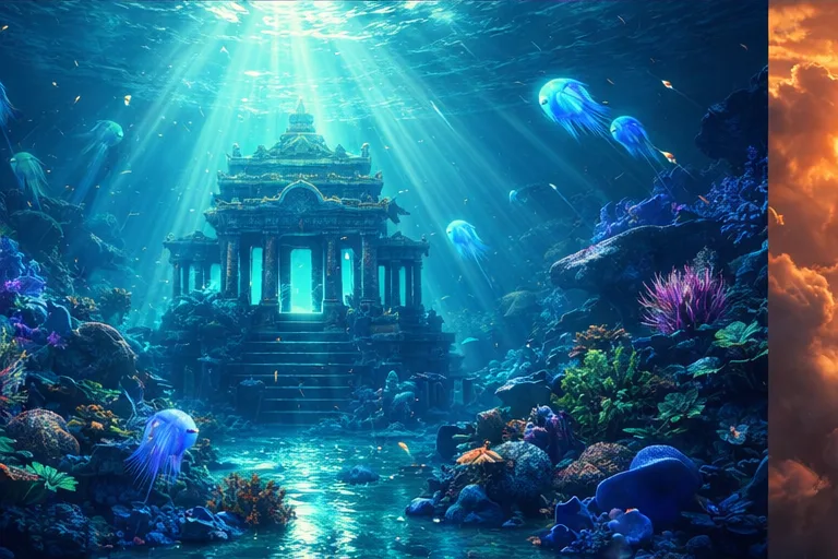 Underwater temple with jellyfish — Stable Diffusion